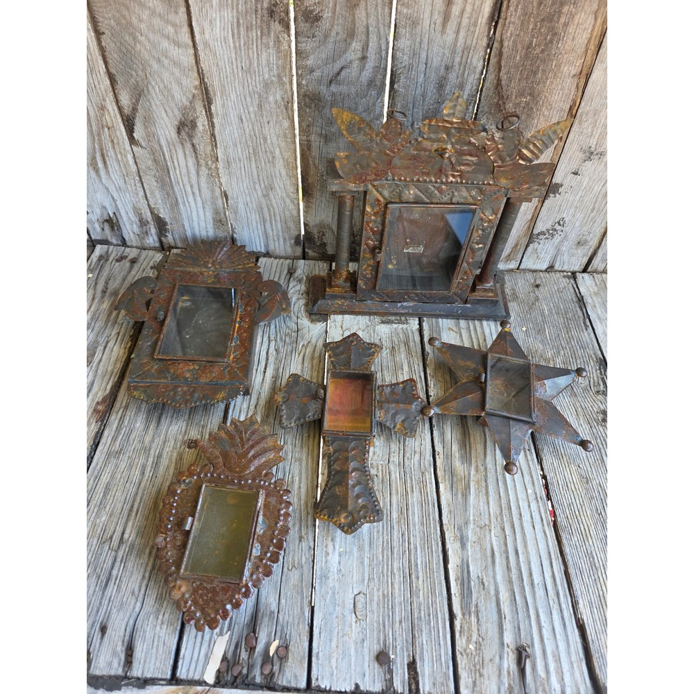 5pc Mexican Tin Nicho Set Rusted Folk Art Sacred Heart Cross Star Altar Decor